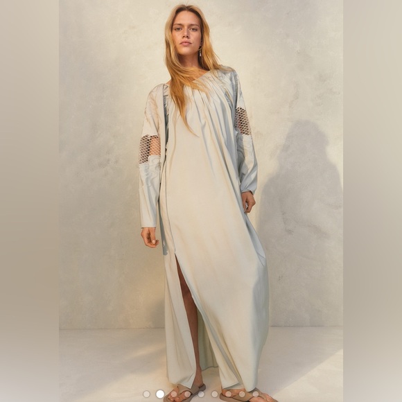 H&M Sage Green Voluminous Embroidery Lace Trimmed Full Sleeve Maxi Dress - Large - Picture 3 of 8